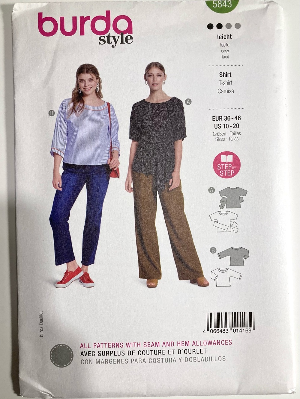 Burda 5843 Easy Semi-Fitted Boat Neck T-Shirt Blouse Top Sewing Pattern 10 - 20